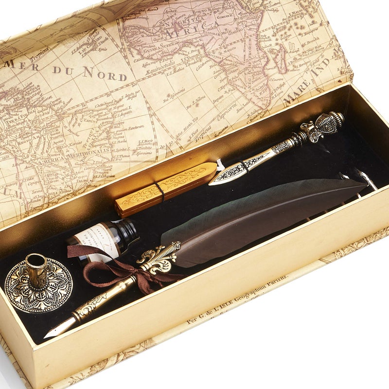 GC QUILL Feather Pen and Ink Set, Calligraphy Quill Pen with Metal Letter Opener Pen Holder 6 Nibs 1 Dip Ink and 1 Sealing Wax Gift for Kids Adults Writers â€“ MU-08 - Image 1
